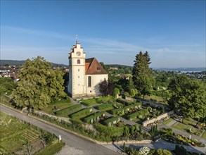 The church of St. Johann and Vitus in Horn on the Höri peninsula, aerial view, Gaienhofen, Lake