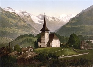 Frutigen, Kirche und Alpen, Bernese Oberland, Switzerland, Historic, digitally restored