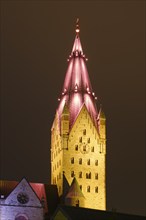 Paderborn Cathedral, St. Liborius, illuminated tower, night shot, Paderborn, Westphalia, North