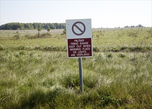 Ministry of Defence warning sign about the danger posed by military firing range on Salisbury