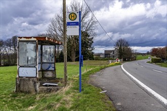 Old, dilapidated bus shelter on a country road, B 483, near Radevormwalde Landwehr, bus route 339,