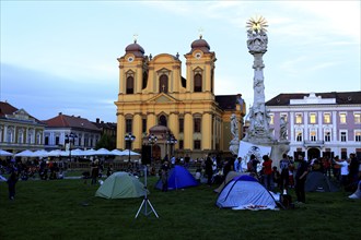 Banat, Timisoara, Timisoara, Old Town, Trinity Column or Plague Column and Catholic Cathedral at