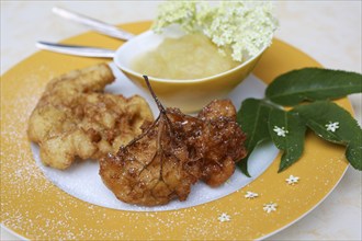 Swabian cuisine, elderberry cakes with apple sauce, Hollerkiacherl, elderflowers in pastry,