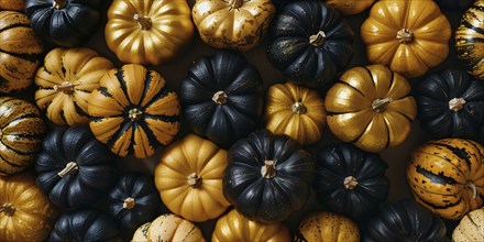 Banner with small golden and black painted pumpkins. Generative Ai, AI generated