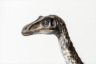 Head of Gallimimus dinosaur on white background. Generative Ai, AI generated