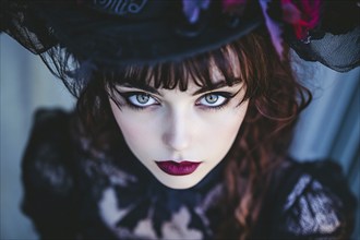 Young woman with black Halloween witch costume with hat. Generative Ai, AI generated