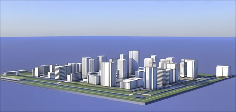 Three dimensional rendering of a model of a city with skyscrapers, AI generated