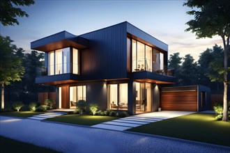 Three dimensional rendering of an illuminated modern ecological real estate residential house, AI