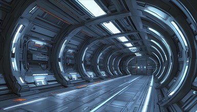 Three dimensional render of futuristic corridor inside a spaceship or space station, AI generated