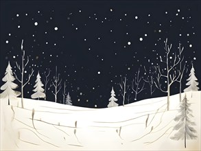 Abstract illustration of a white Christmas card with delicate hand-drawn illustrations, empty space