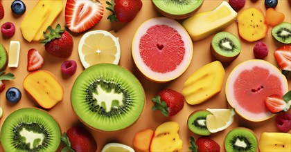 Colorful and artfully arranged slices of fruits like mangoes, strawberries, and kiwi, AI generated