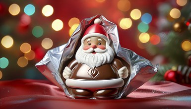 Chocolate Father Christmas, half wrapped in aluminium foil, in front of a Christmas background,