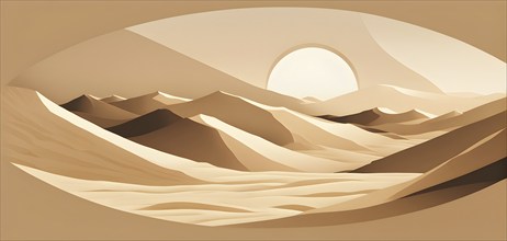 Abstract desert scene with triangular sand dunes and a single circular sun, using sharp lines and