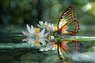 Beautiful stylized colored crystal butterfly on water, AI generated