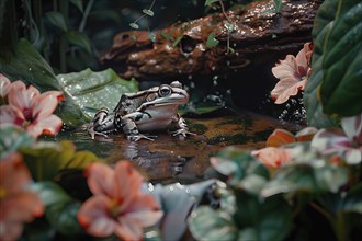 Frog in a natural flower environment, AI generated