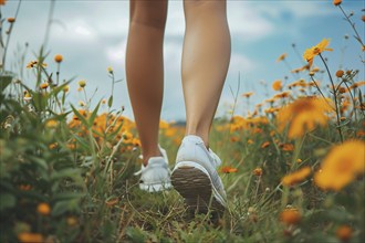 Back view of woman's legs with sport shoes jogging in through field of summer flowers. KI