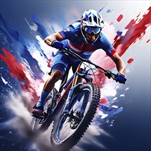 Olympic 2024 mountain biker metamorphosed into fluid abstract shapes french tricolor blue white