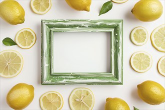 Top view of empty green vintage style picture frame surrounded by whole lemon fruits and slices on