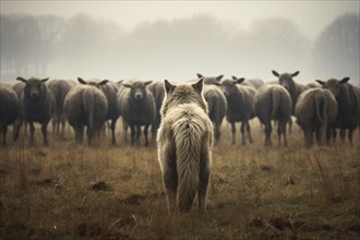 Back view of wolf looking at flock of sheep. Flood concept. Generative Ai, AI generated