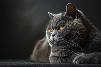 Cute British Shorthair cat on dark background. KI generiert, generiert, AI generated