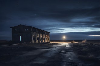 Abandoned military base at the end of an empty road enveloped in the silence of the area, AI