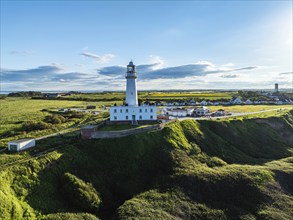 Flamborough Lighthouse and Cliffs from a drone, Flamborough, Yorkshire, England, United Kingdom,