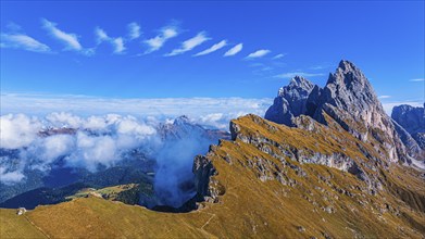 The Sas Rigais and Furchetta peaks of the Odle Group, drone shot, Val Gardena, Dolomites,