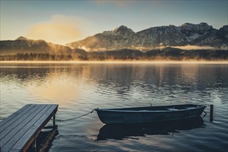 Frosty morning atmosphere during sunrise at Lake Hopfensee in the Allgäu in Bavaria, Germany,