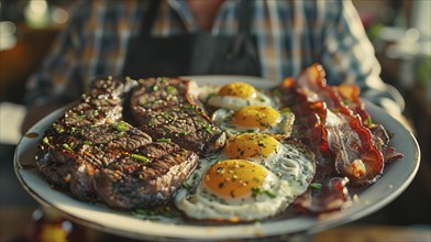 Man holding out A plate filled with steak, bacon and eggs. generative AI, AI generated