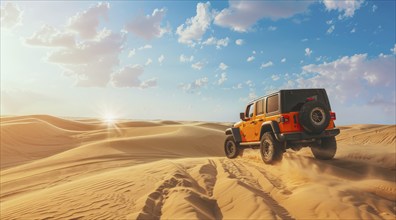 Off-road 4x4 vehicle is driving through a desert with a sun in the background, AI generated