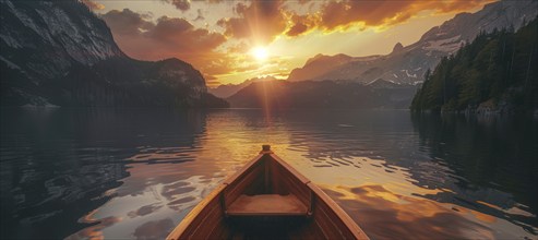 A kayak is in the lake with the sun setting in the background. Serenity and tranquility, AI