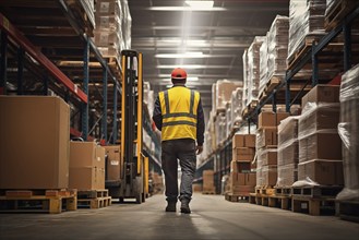 A worker in a reflective vest operates a forklift in a well-lit warehouse, navigating through