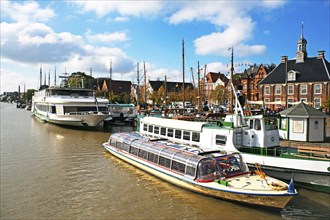 Museum harbour, passenger ships, canal boat, Waageplatz, Leer, East Frisia, Germany, Europe