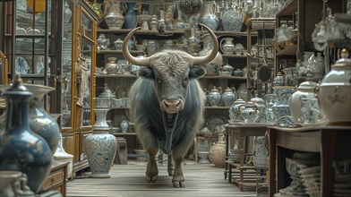 Very large bull with horns in a China shop filled with glassware. generative AI, AI generated