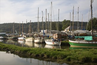 Boats on the Helford River in boatyard at Gweek, Cornwall, England, United Kingdom, Europe