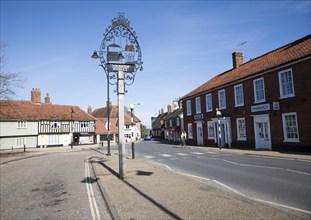 Village sign and historic buildings in Wickham Market, Suffolk, England, United Kingdom, Europe