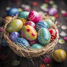 Easter celebration, featuring a collection of brightly colored eggs, each intricately painted with