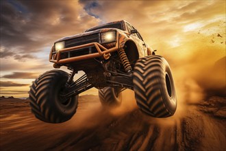 Monster truck driving and jumping outdoors amidst a cloud of dust. Thrill and adrenaline of an