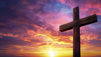 Easter concept cross on Golgotha Calvary hill in sky against a dramatic sunset, AI generated