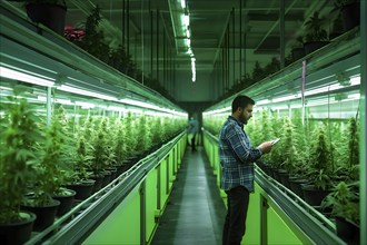 Cannabis cultivation facility in flourishing condition neatly arranged rows of vibrant green