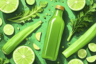 Abstract wallpaper composition with bottle of delicious green detox juice and fruits and