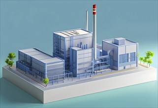 Three dimensional rendering of a model of a modern factory, AI generated