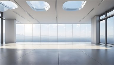 Three dimensional rendering of a futuristic empty room with skylights, AI generated