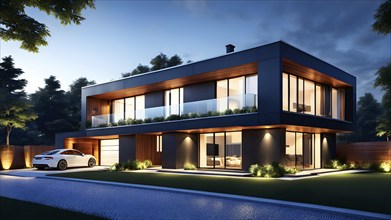 Three dimensional rendering of an illuminated modern ecological real estate residential house, AI