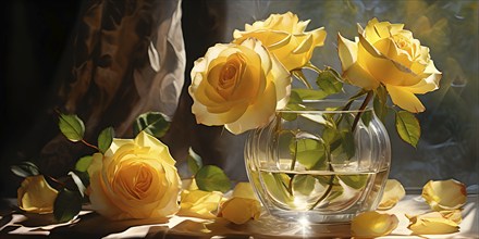 Transparent crystal glass vase with yellow blooming roses, AI generated