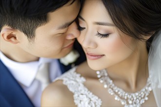 Young Asian wedding couple in love. Generative Ai, AI generated