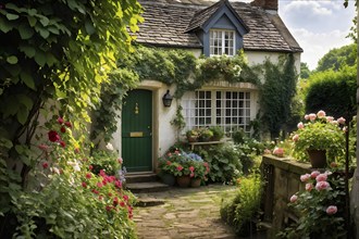 Plain Little tiny house in a floral garden with blooming flowers, AI generated