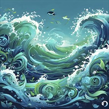 Illustration of swirling ocean waves and recycling symbols to represent clean oceans and