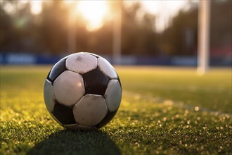 Soccer ball on grass sports field. KI generiert, generiert AI generated