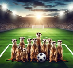 A group of meerkats have lined up as a football team in a football stadium, AI generated, AI